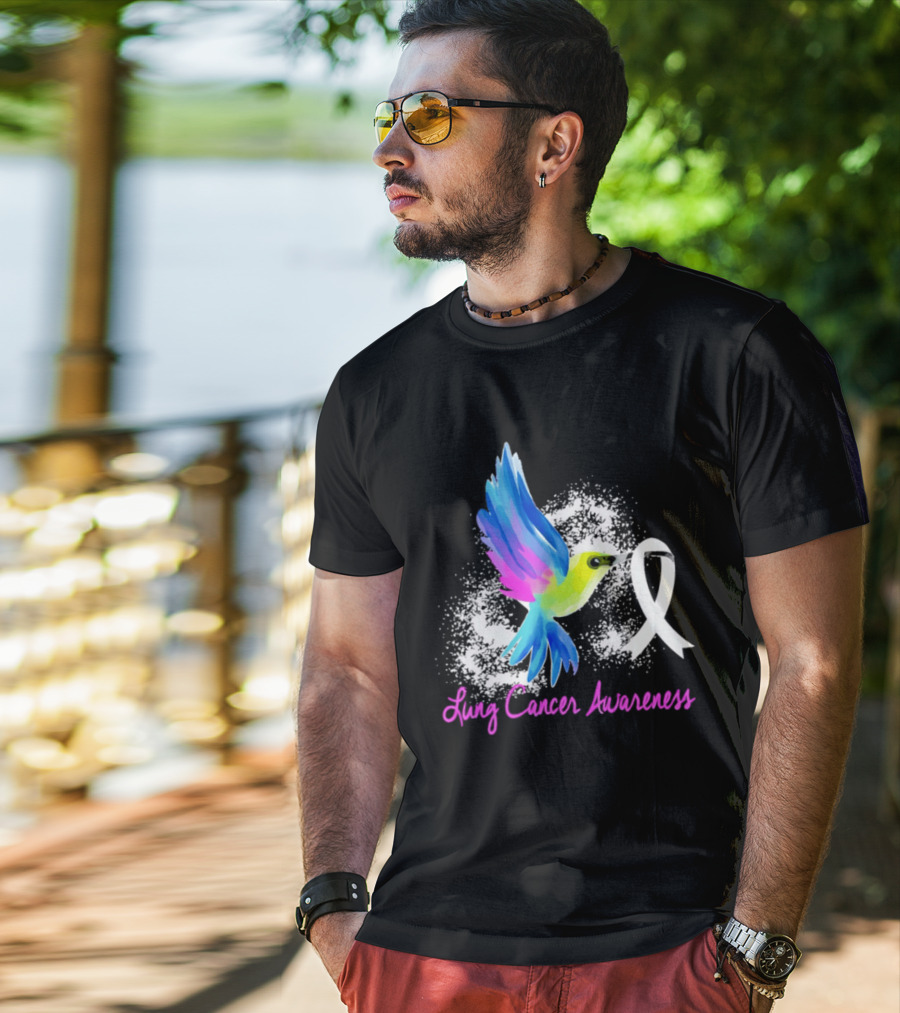 Lung Cancer Awareness Hummingbird With White Ribbon T-Shirt