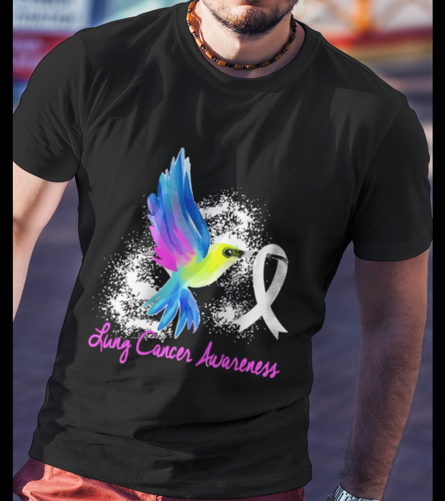 Lung Cancer Awareness Hummingbird With White Ribbon T-Shirt