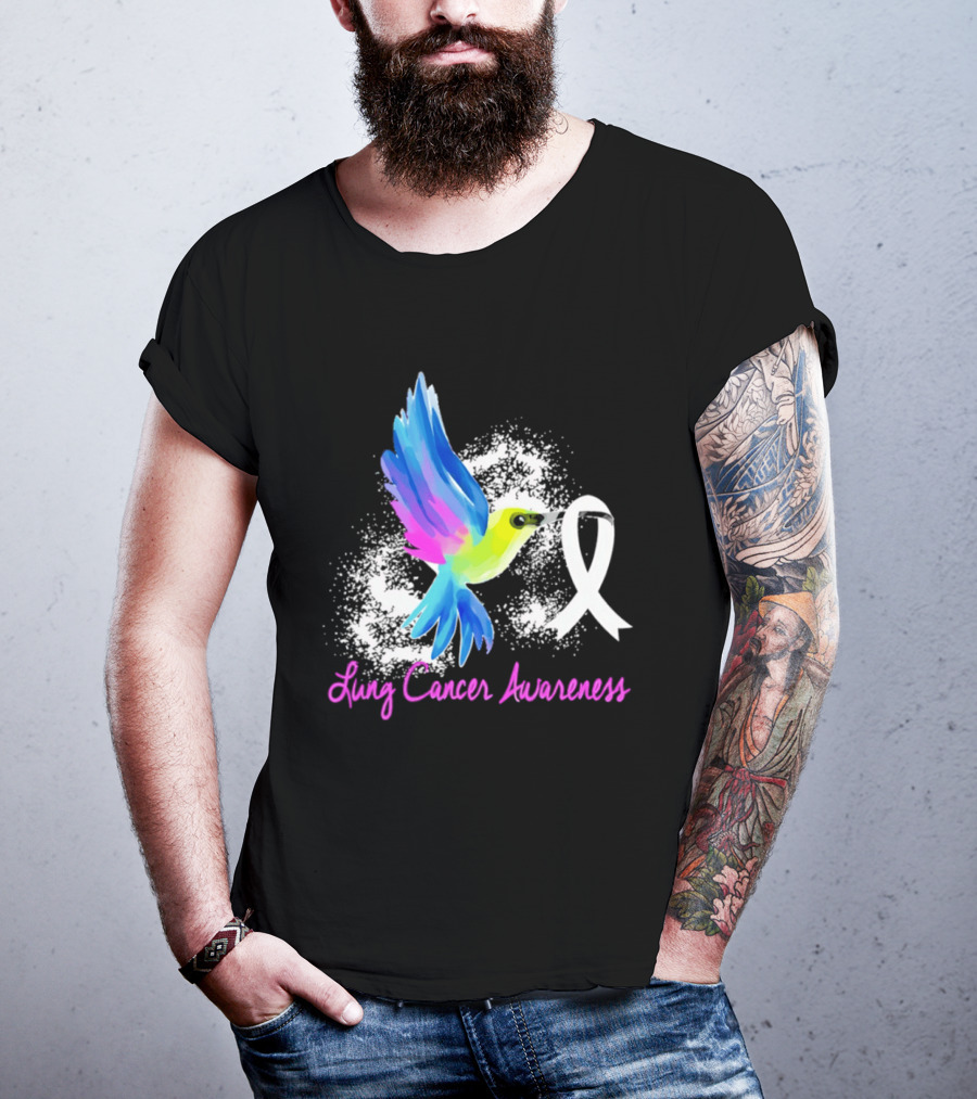 Lung Cancer Awareness Hummingbird With White Ribbon T-Shirt