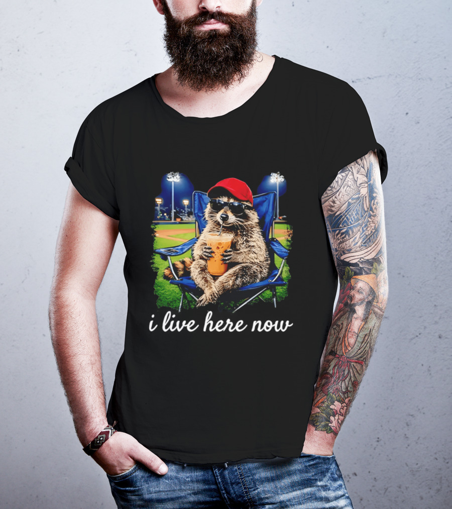 Raccoon I Live Here Now With Sunglasses And Drink At Baseball Field T-Shirt