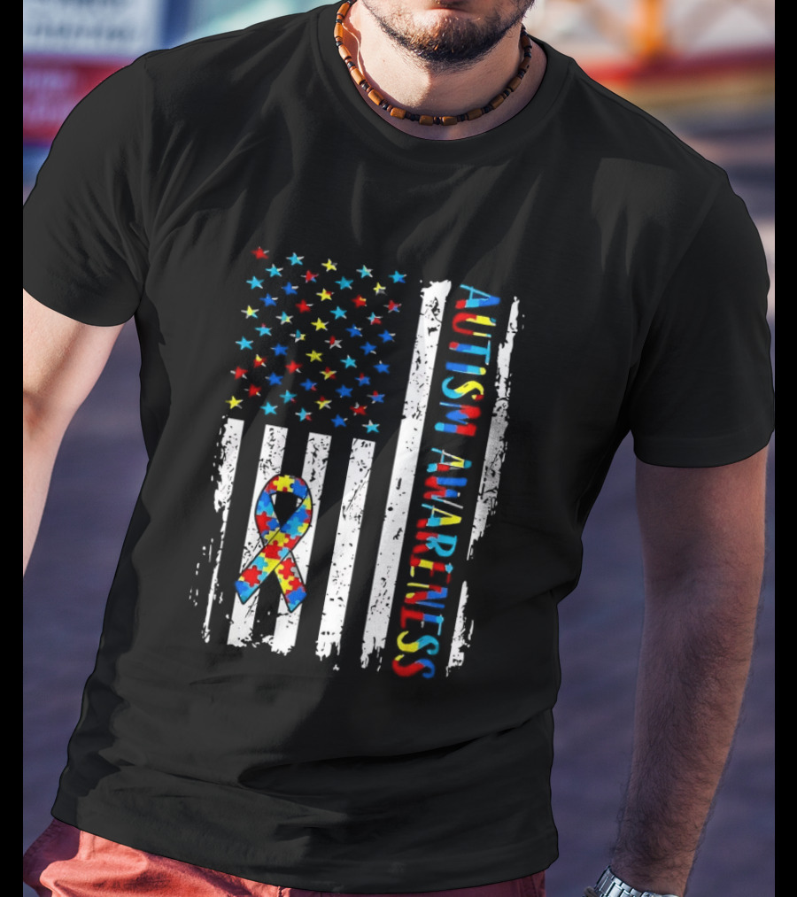 USA Flag Autism Awareness Ribbon Puzzle Pieces T-Shirt