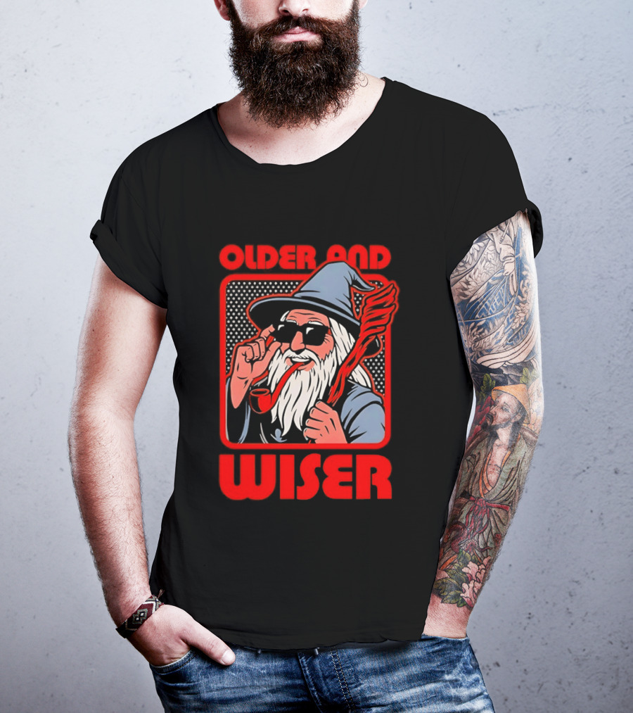 Older And Wiser Wizard Smoking Pipe In Sunglasses Wise Pop T-Shirt