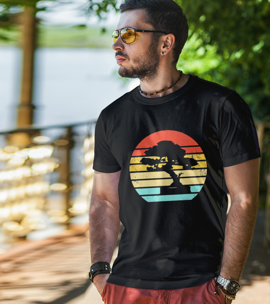Bonsai Tree Silhouette Japan Retro Sunset T-Shirt