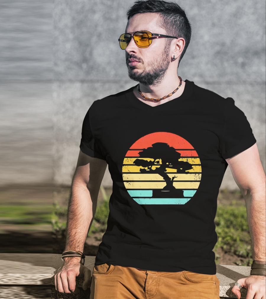 Bonsai Tree Silhouette Japan Retro Sunset T-Shirt