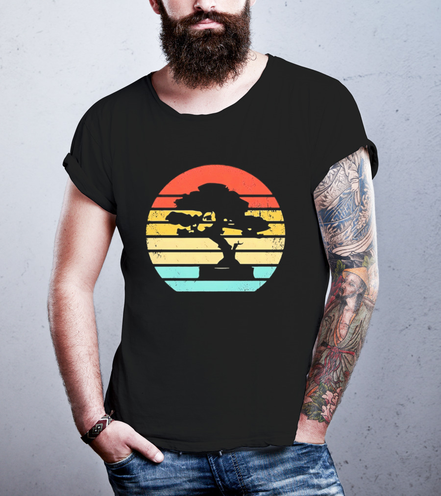 Bonsai Tree Silhouette Japan Retro Sunset T-Shirt
