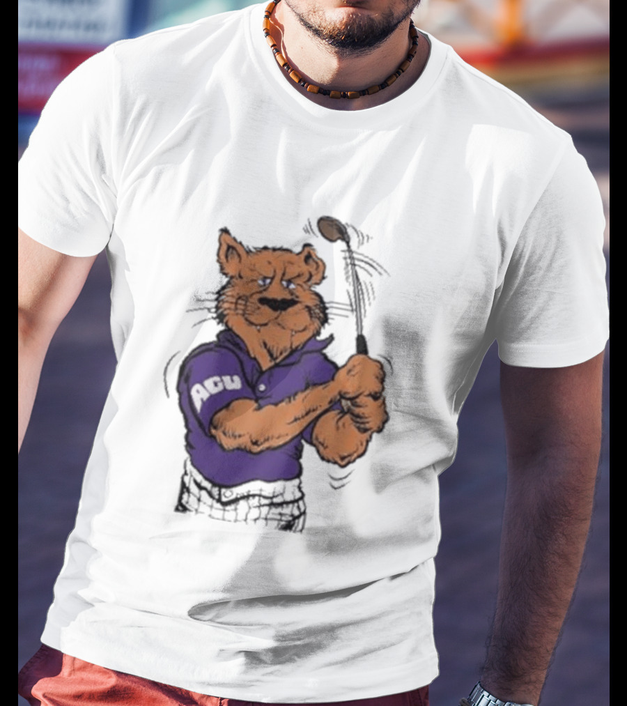ACU Golf Puma In Purple Polo Swinging A Club T-Shirt
