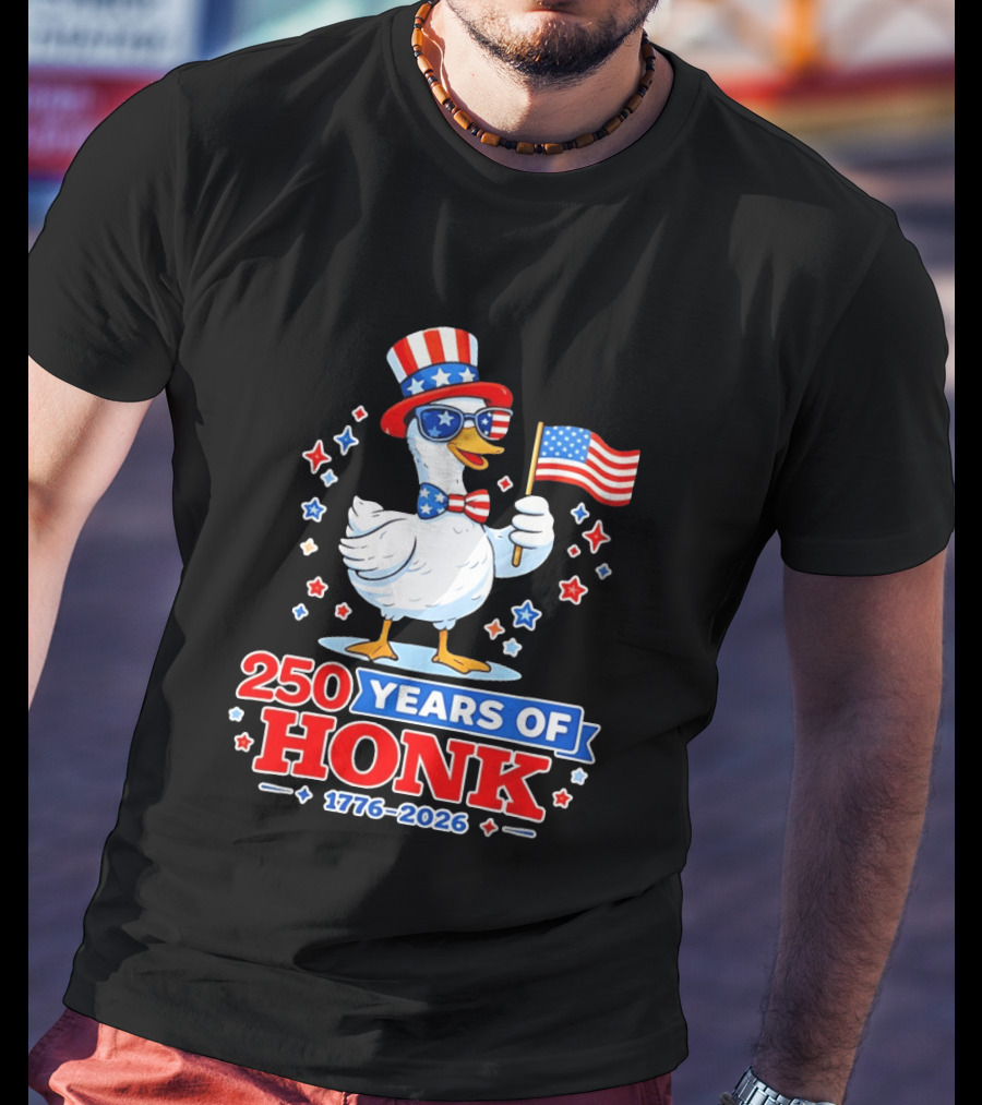 Patriotic Goose Holding US Flag 250 Years Of Honk 1776 2026 T-Shirt