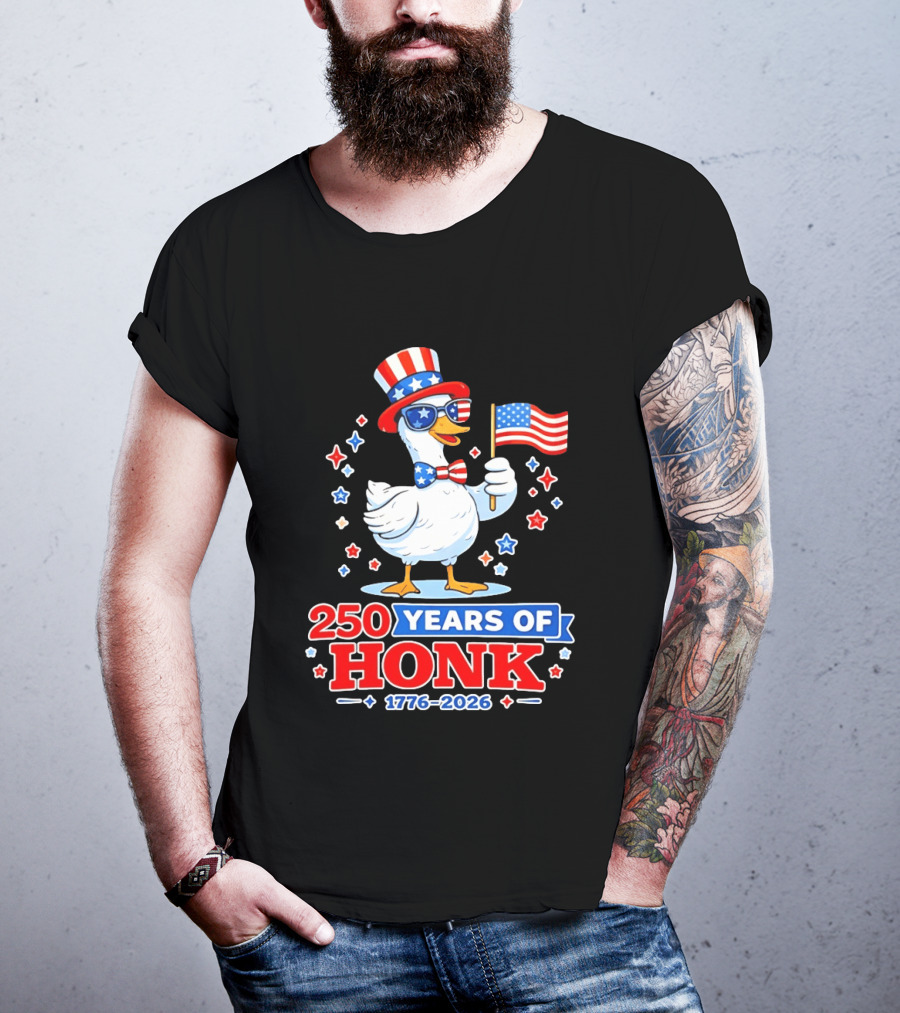 Patriotic Goose Holding US Flag 250 Years Of Honk 1776 2026 T-Shirt