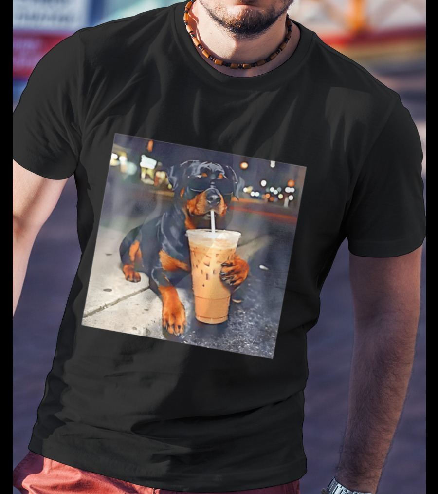 Rottweiler Drinking Iced Coffee Wearing Sunglasses Funny Dog T-Shirt