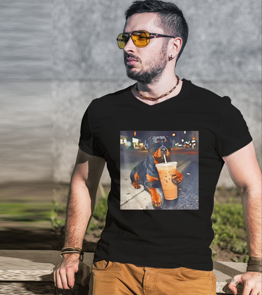 Rottweiler Drinking Iced Coffee Wearing Sunglasses Funny Dog T-Shirt