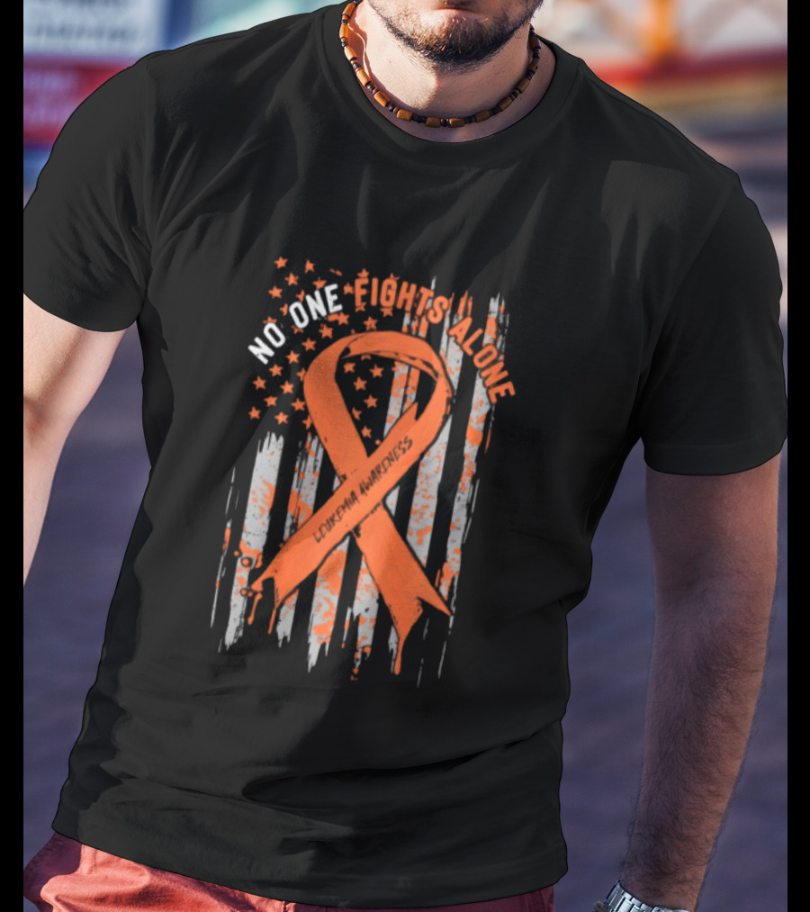 No One Fights Alone Leukemia Awareness Orange Ribbon American Flag T-Shirt