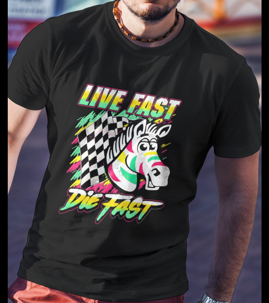 Zebra Checkered Flag Live Fast Die Fast Retro Neon T-Shirt
