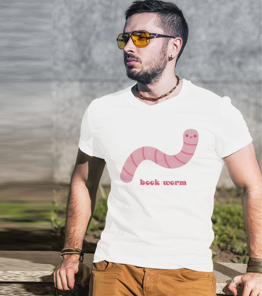 Pink Smiling Book Worm Cute T-Shirt