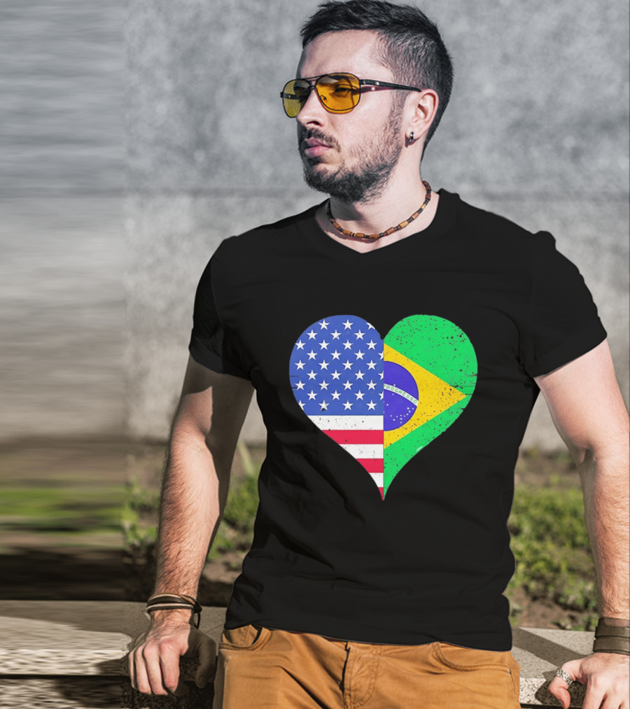 Brazilian And American Heart Flags Unity T-Shirt
