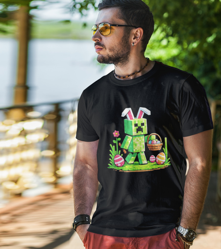 Creeper Rabbit Ears Easter Egg Hunt Gamer Pixel T-Shirt