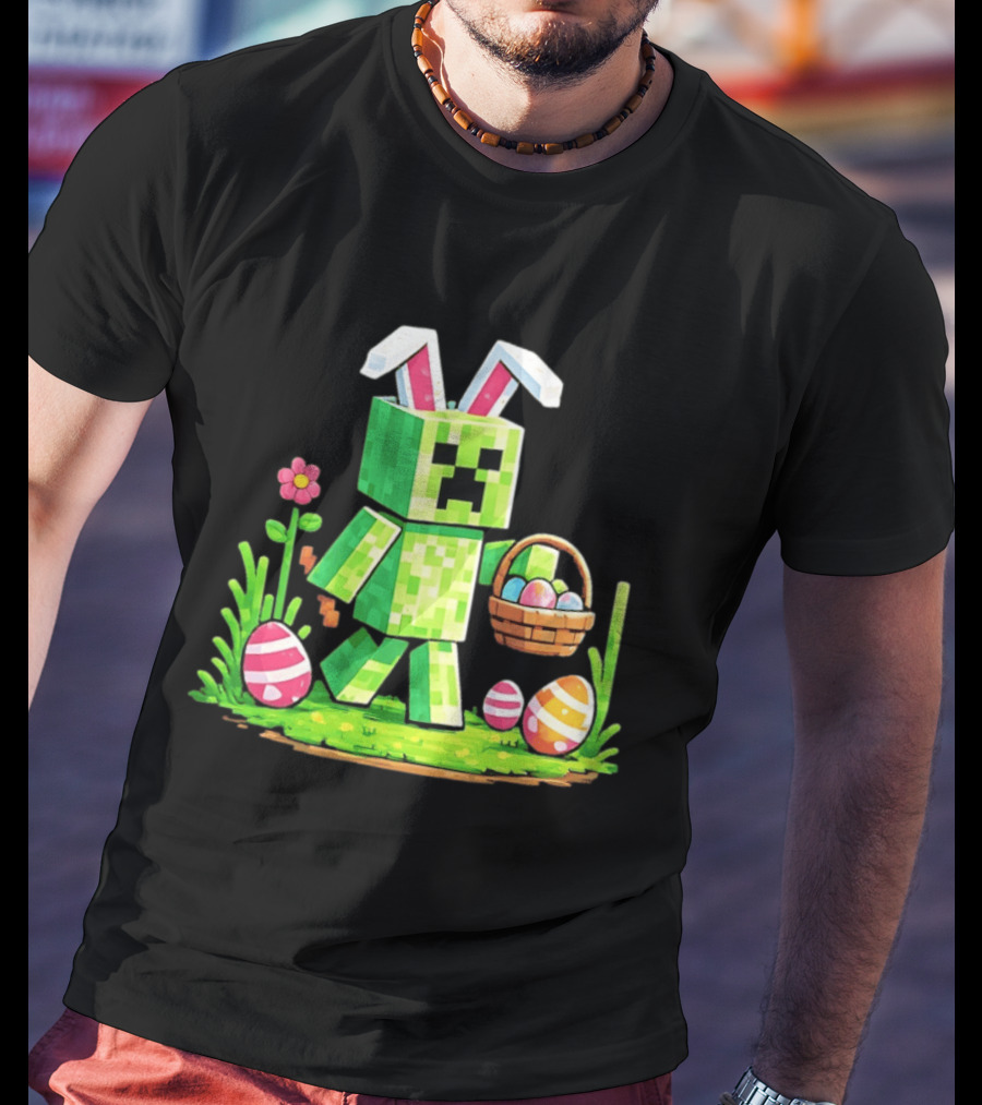 Creeper Rabbit Ears Easter Egg Hunt Gamer Pixel T-Shirt
