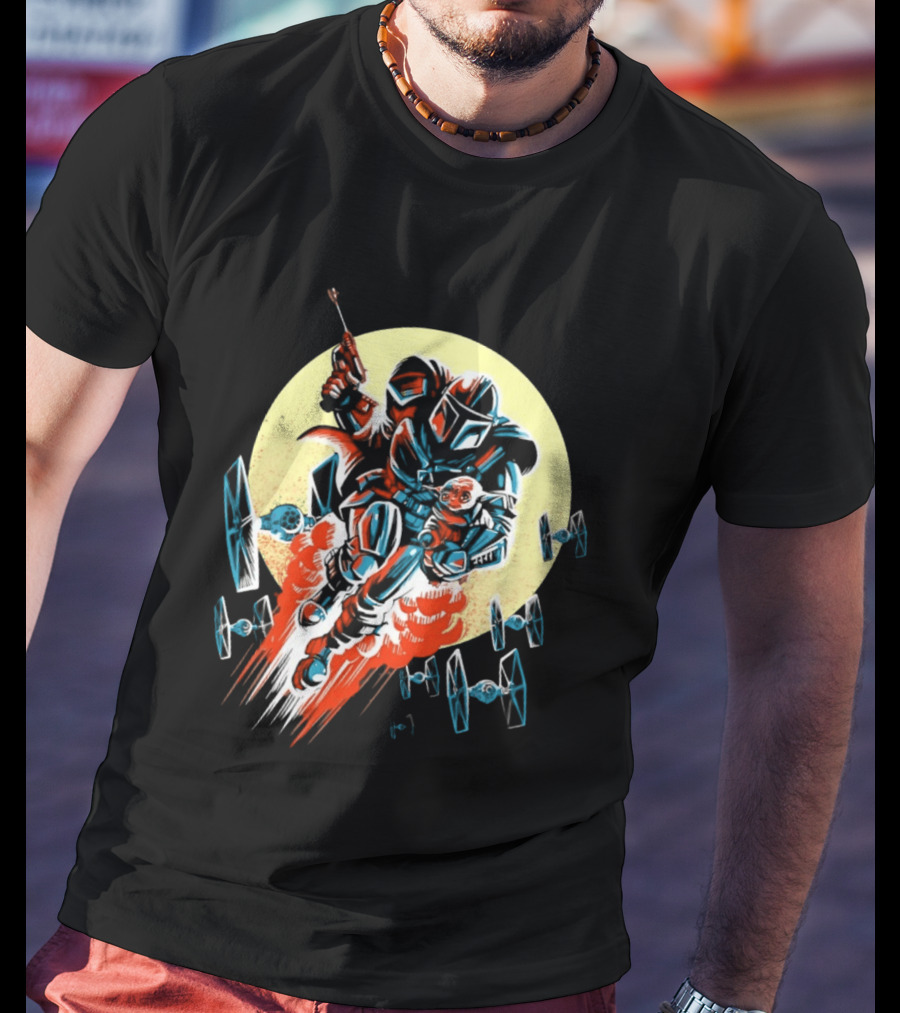 Din Djarin Grogu TIE Fighters Mandalorian Jetpack Adventure T-Shirt