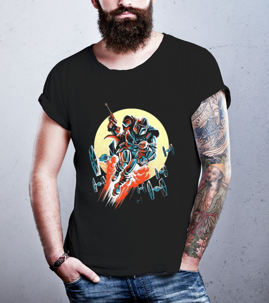 Din Djarin Grogu TIE Fighters Mandalorian Jetpack Adventure T-Shirt