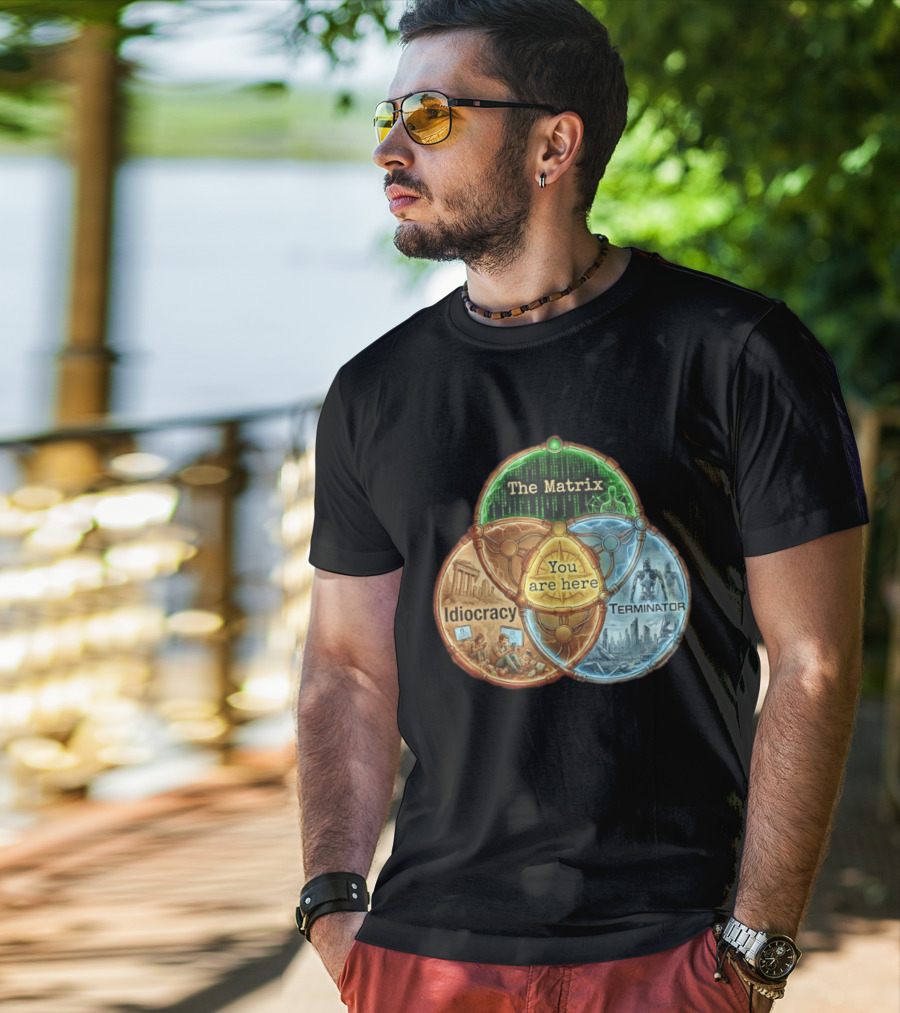 The Matrix Idiocracy Terminator You Are Here Fusion Of Iconic Sci Fi Dystopias T-Shirt