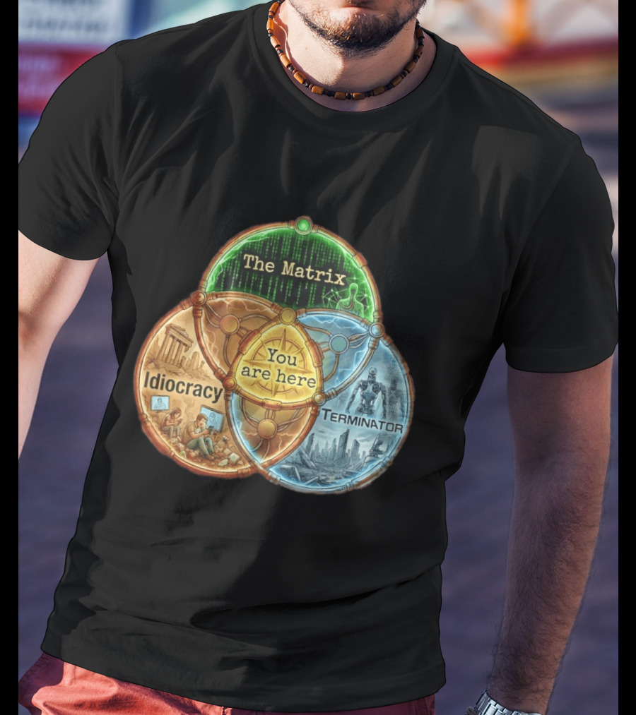 The Matrix Idiocracy Terminator You Are Here Fusion Of Iconic Sci Fi Dystopias T-Shirt