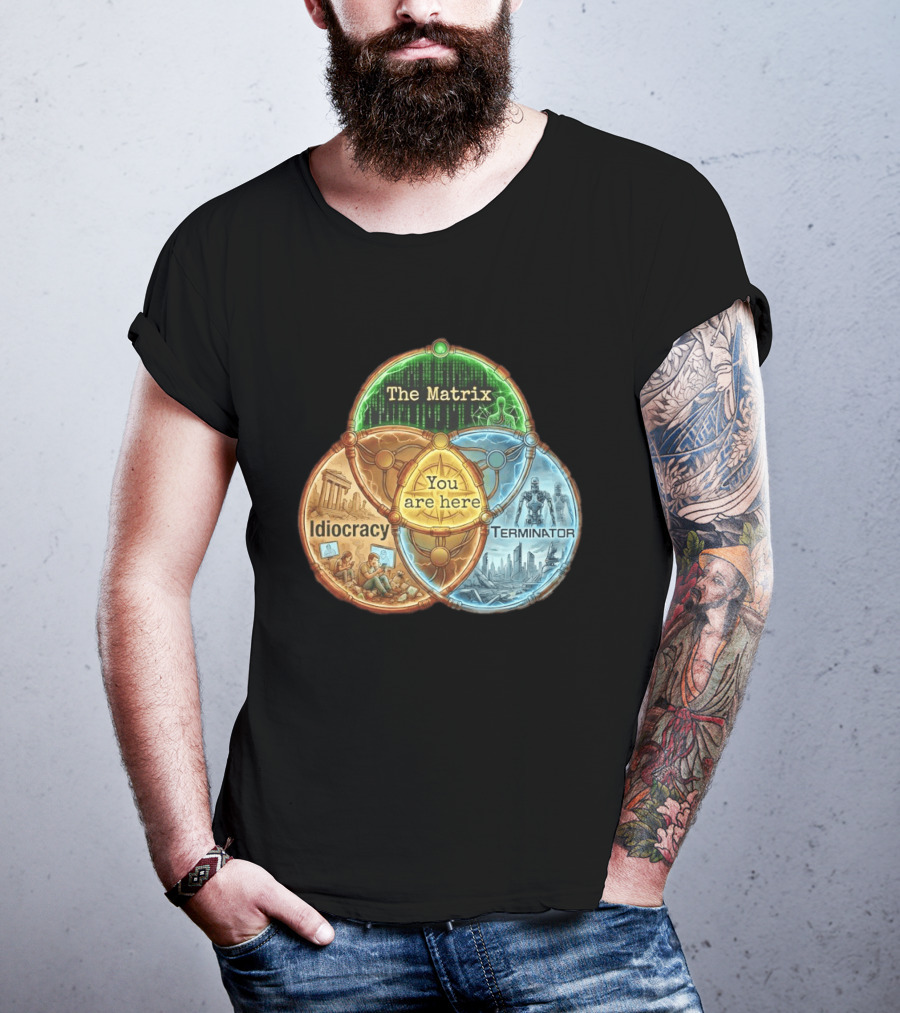 The Matrix Idiocracy Terminator You Are Here Fusion Of Iconic Sci Fi Dystopias T-Shirt