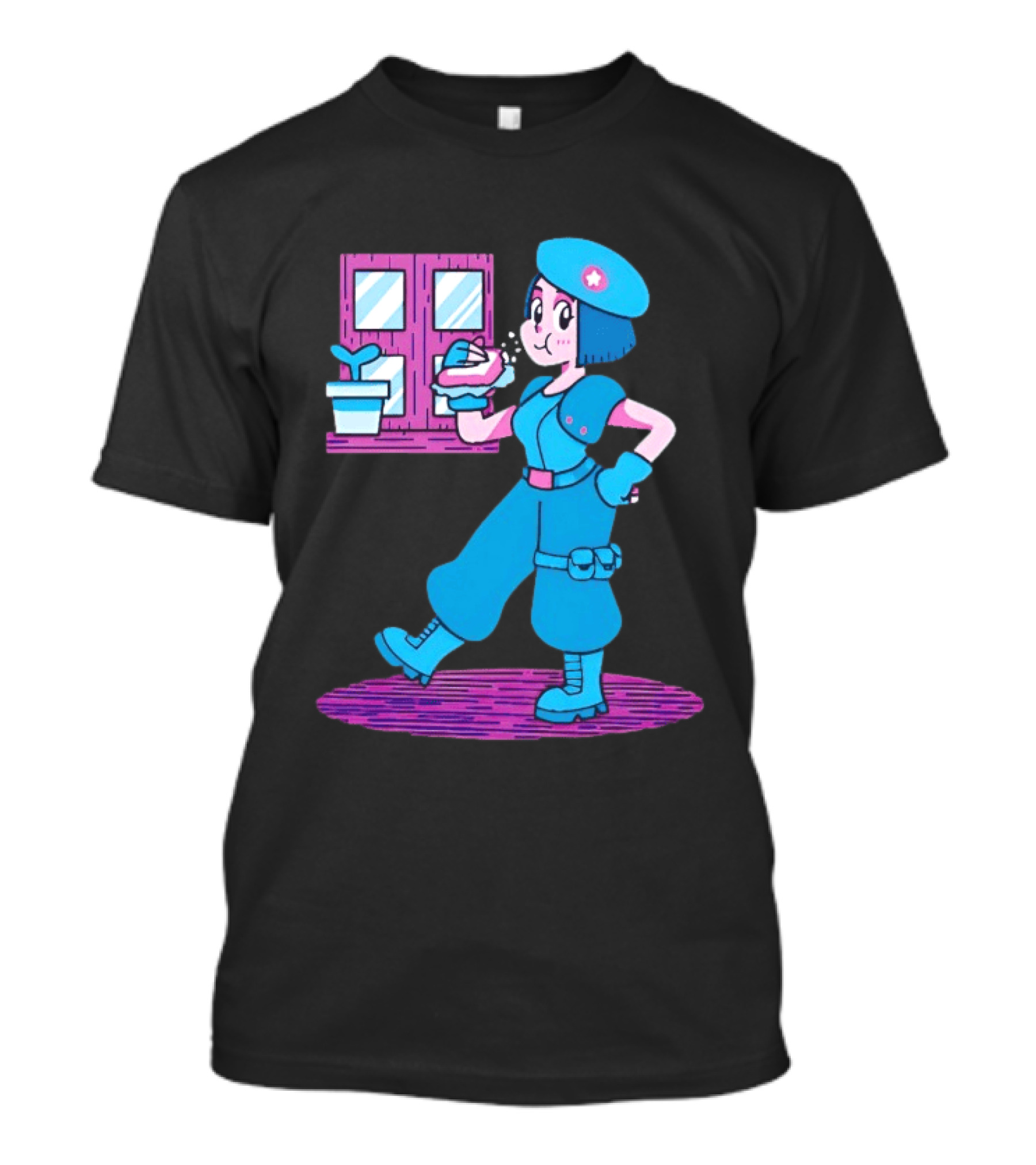 Cartoon Zombie Fighter Holding Plant And Spray T-Shirt