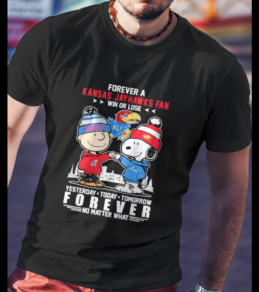 Kansas Jayhawks Fan Snoopy And Charlie Brown Win Or Lose Forever No Matter What T-Shirt
