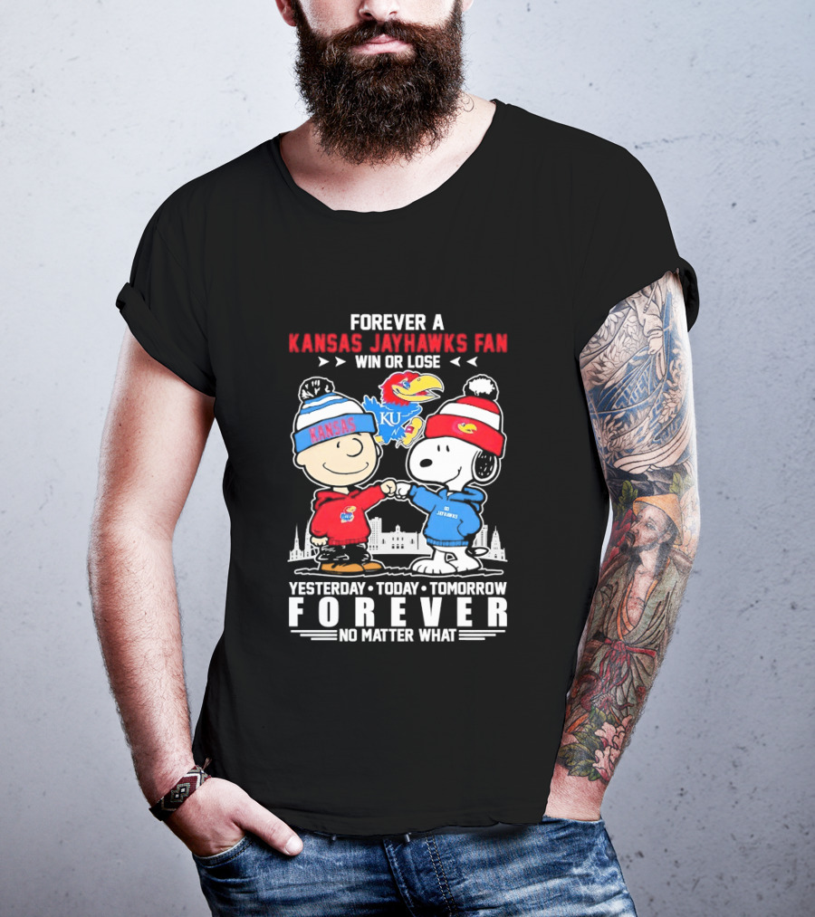 Kansas Jayhawks Fan Snoopy And Charlie Brown Win Or Lose Forever No Matter What T-Shirt