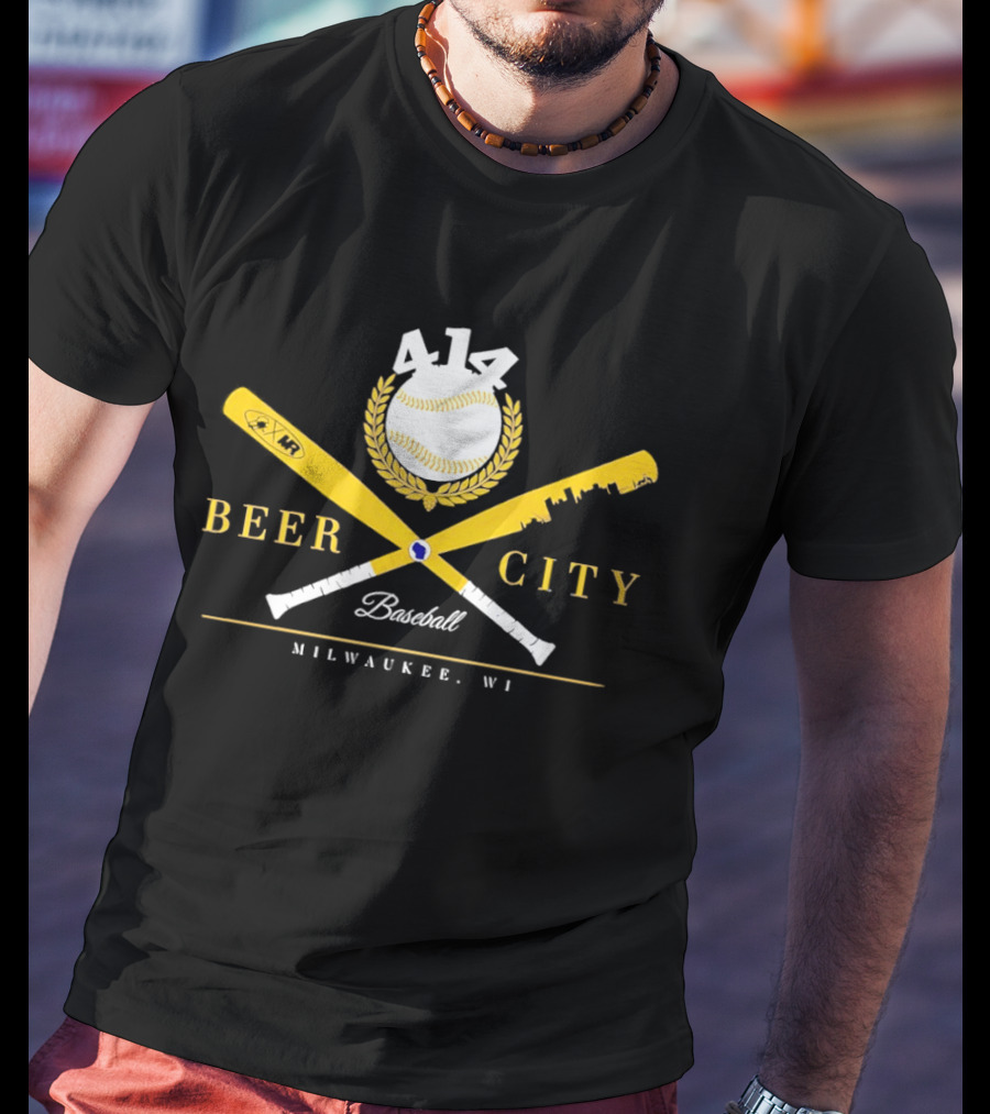 Beer City Baseball 414 Milwaukee WI Bat Crossed Laurel T-Shirt