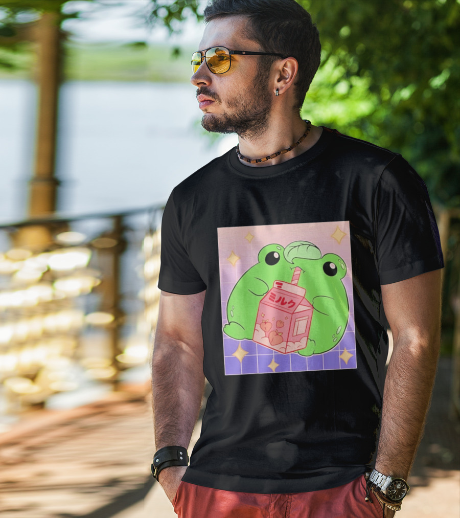Frog With Peach Milk Box Kawaii Cartoon T-Shirt