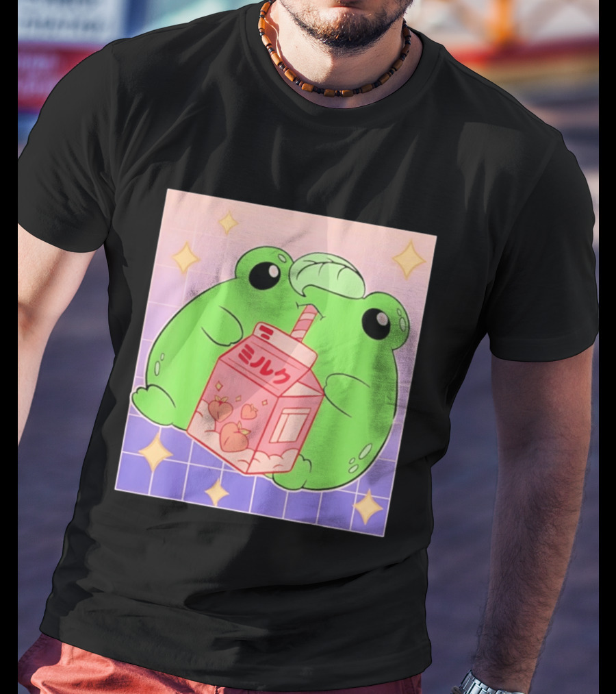 Frog With Peach Milk Box Kawaii Cartoon T-Shirt