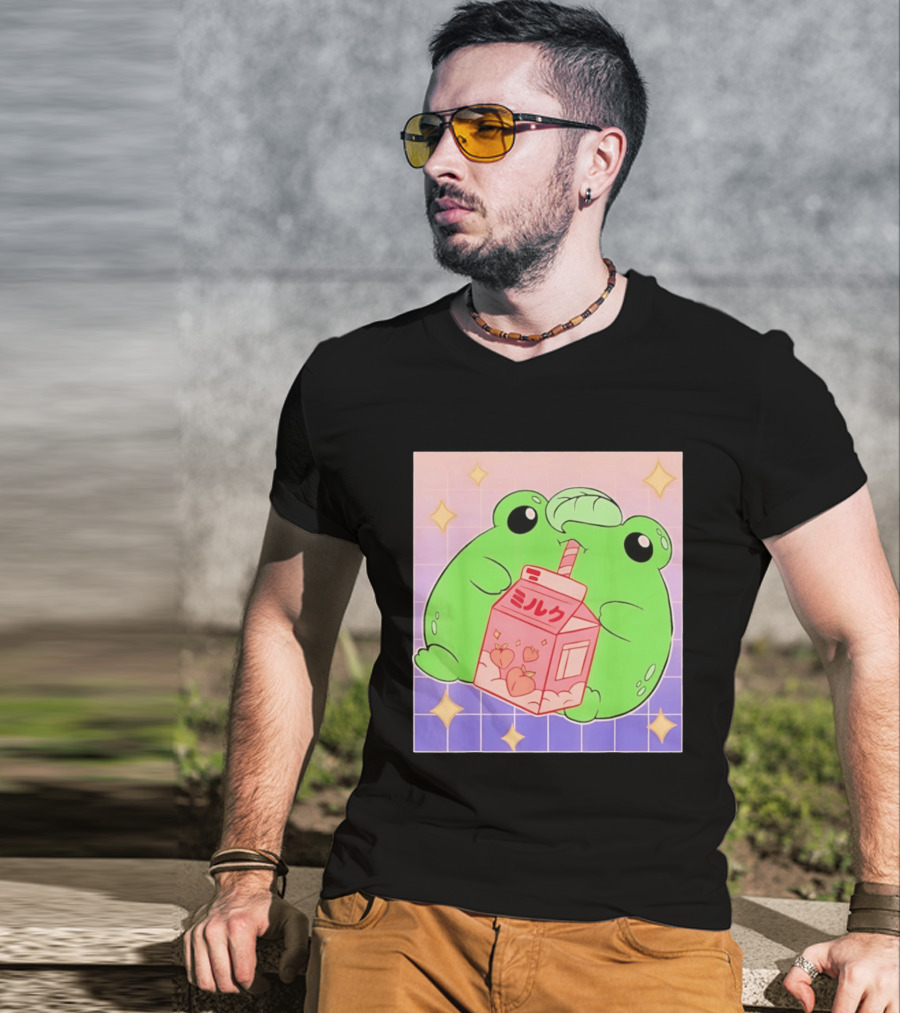 Frog With Peach Milk Box Kawaii Cartoon T-Shirt