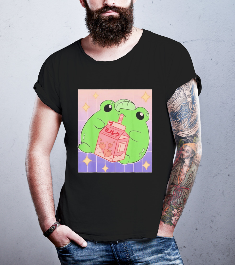 Frog With Peach Milk Box Kawaii Cartoon T-Shirt
