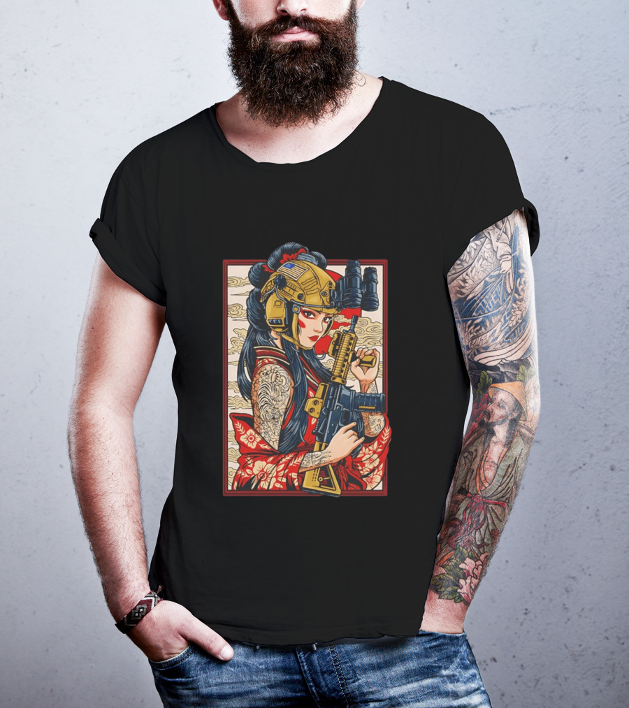 Geisha Anime Tactical Card Warrior With Helmet And Rifle T-Shirt