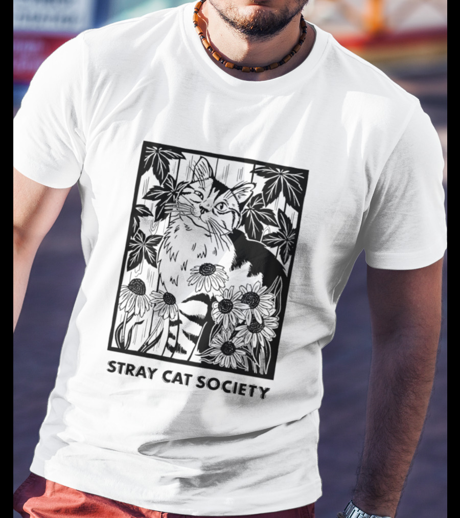 Stray Cat Society Floral And Feline Illustration With Botanical T-Shirt