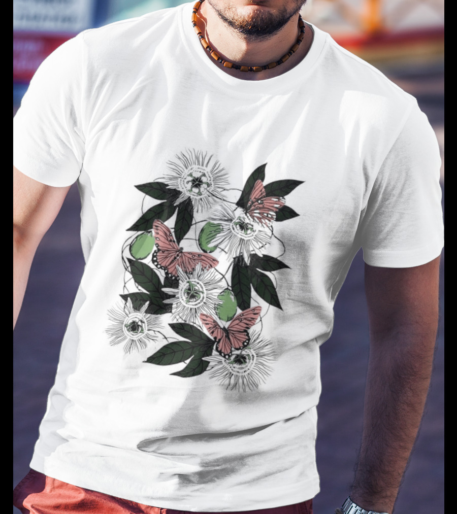 Passion Flower Pistachio Incarnata Red Butterflies Adult T-Shirt