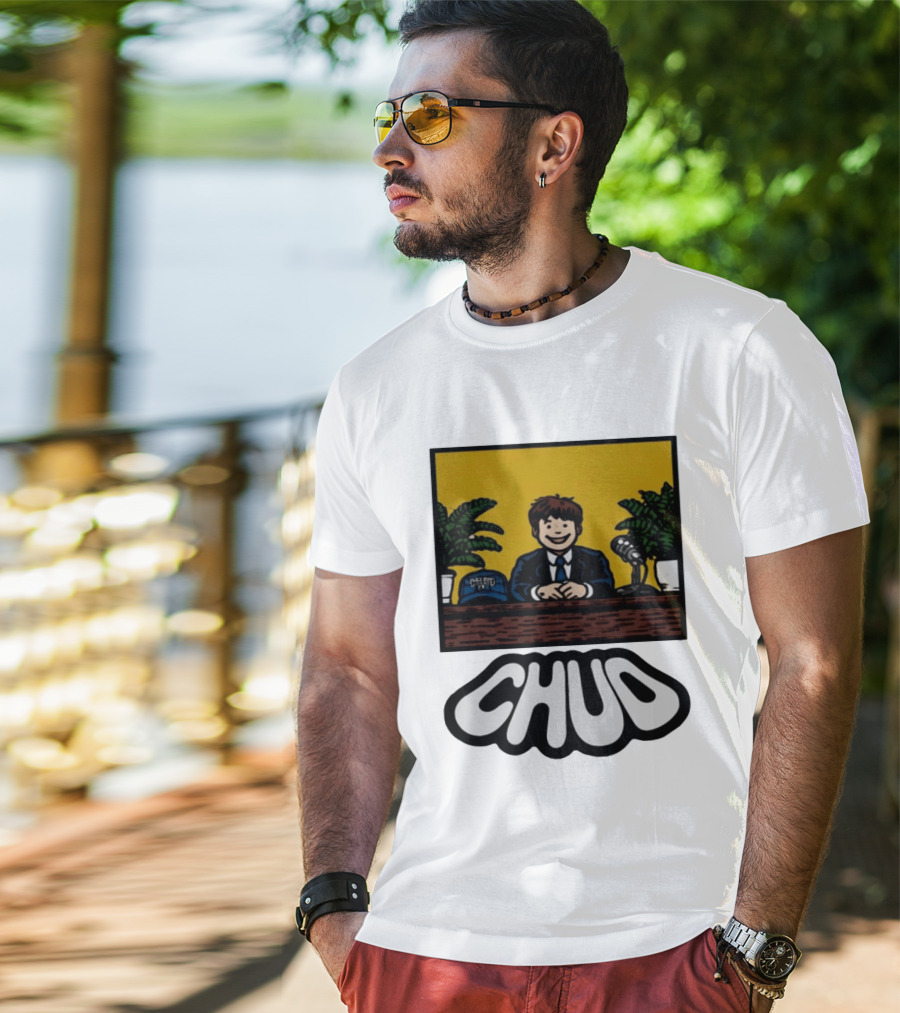 Fuentes Store Chud Comic Style Desk Scene With Microphone And Cap T-Shirt