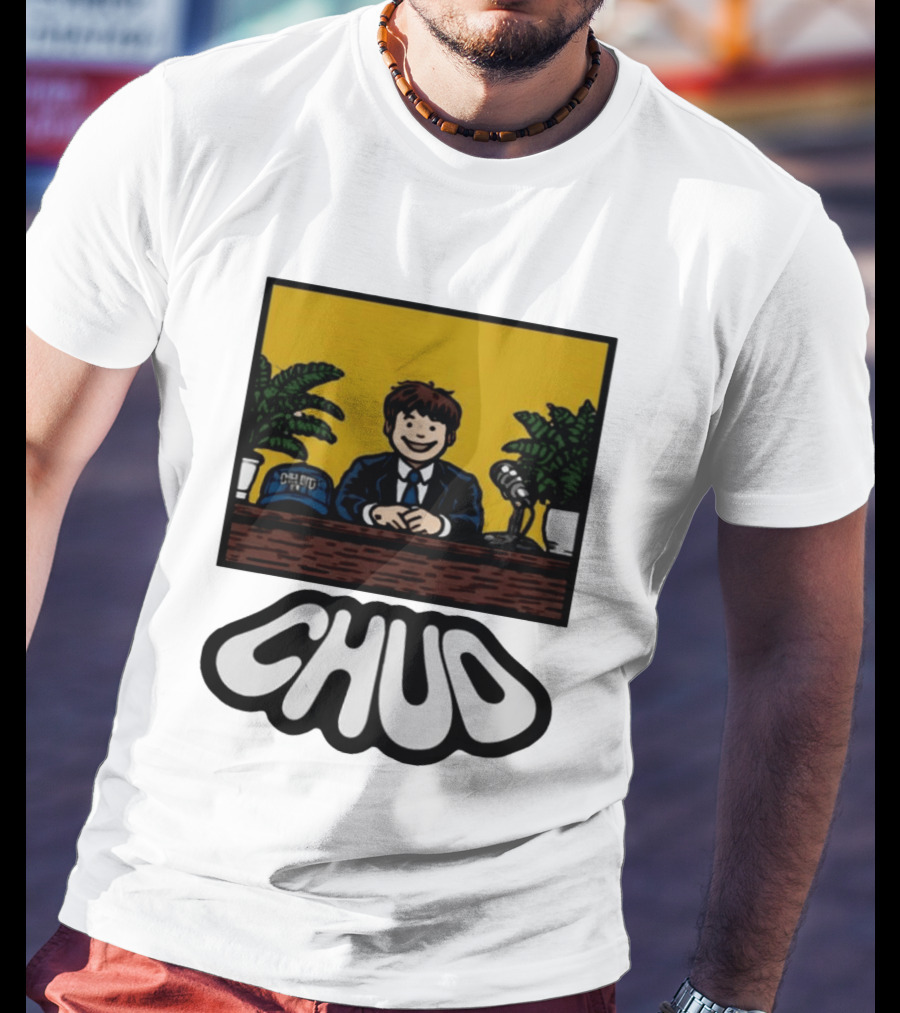 Fuentes Store Chud Comic Style Desk Scene With Microphone And Cap T-Shirt