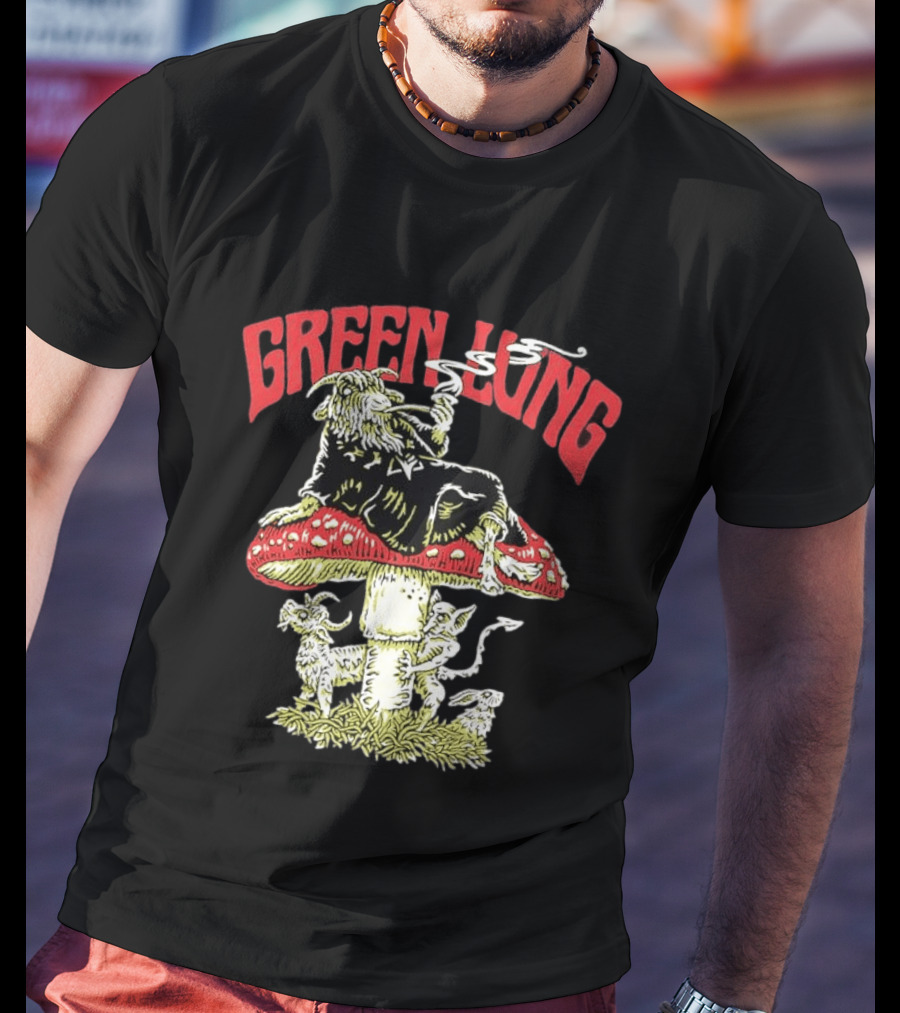 Green Lung Band Goat Smoking On Mushroom Old English Black Magic T-Shirt