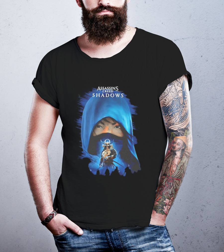 Assassin's Creed Shadows Blue Cloaked Figure With Samurai Warrior T-Shirt