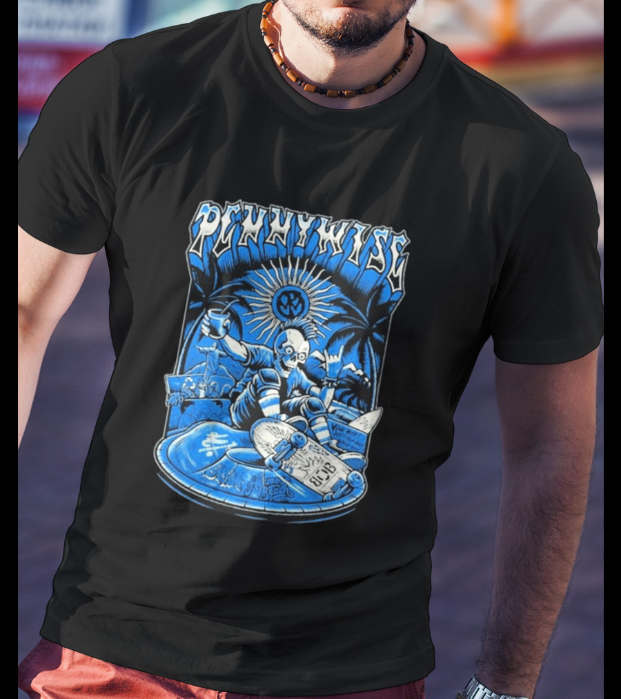 Pennywise South America Tour 2026 Skater Beach Scene With Skeleton And Skateboard Palms Waves Cup Blue Sunburst T-Shirt