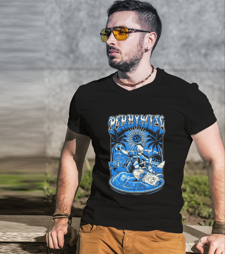 Pennywise South America Tour 2026 Skater Beach Scene With Skeleton And Skateboard Palms Waves Cup Blue Sunburst T-Shirt