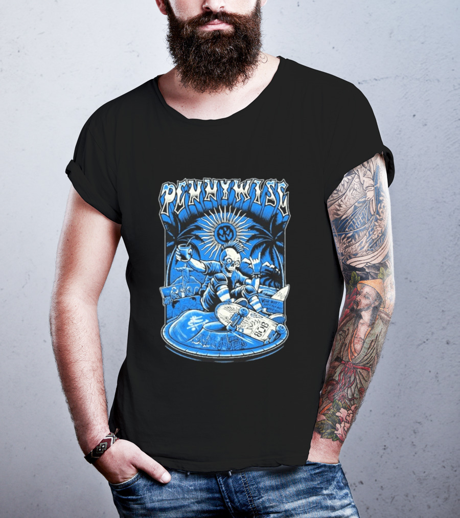 Pennywise South America Tour 2026 Skater Beach Scene With Skeleton And Skateboard Palms Waves Cup Blue Sunburst T-Shirt