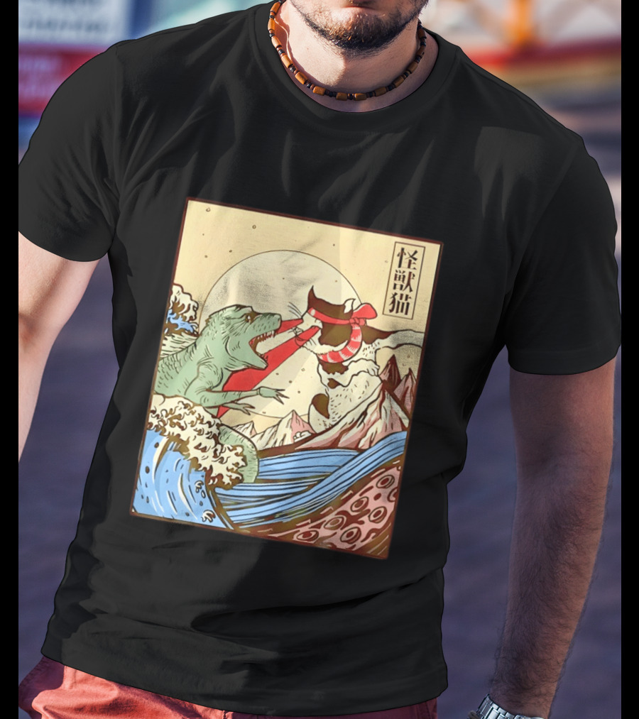 Japanese Great Wave Cat Vs Monster Classic Kaiju T-Shirt