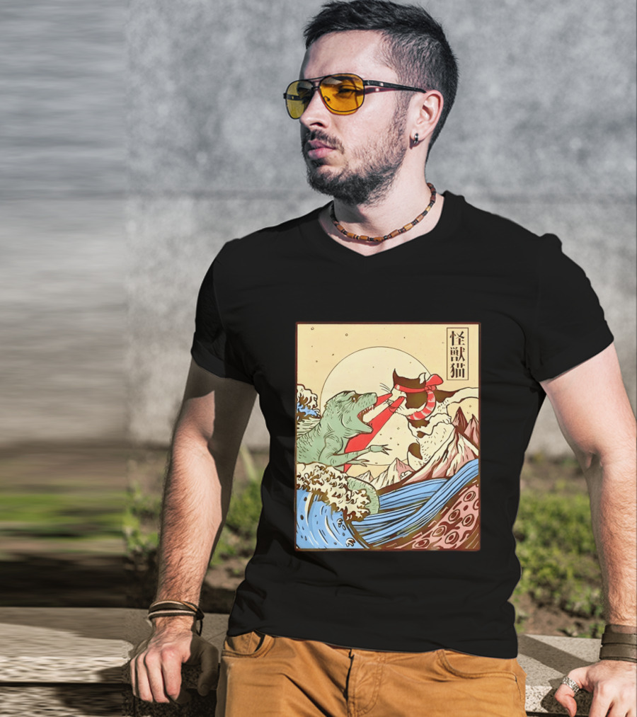 Japanese Great Wave Cat Vs Monster Classic Kaiju T-Shirt