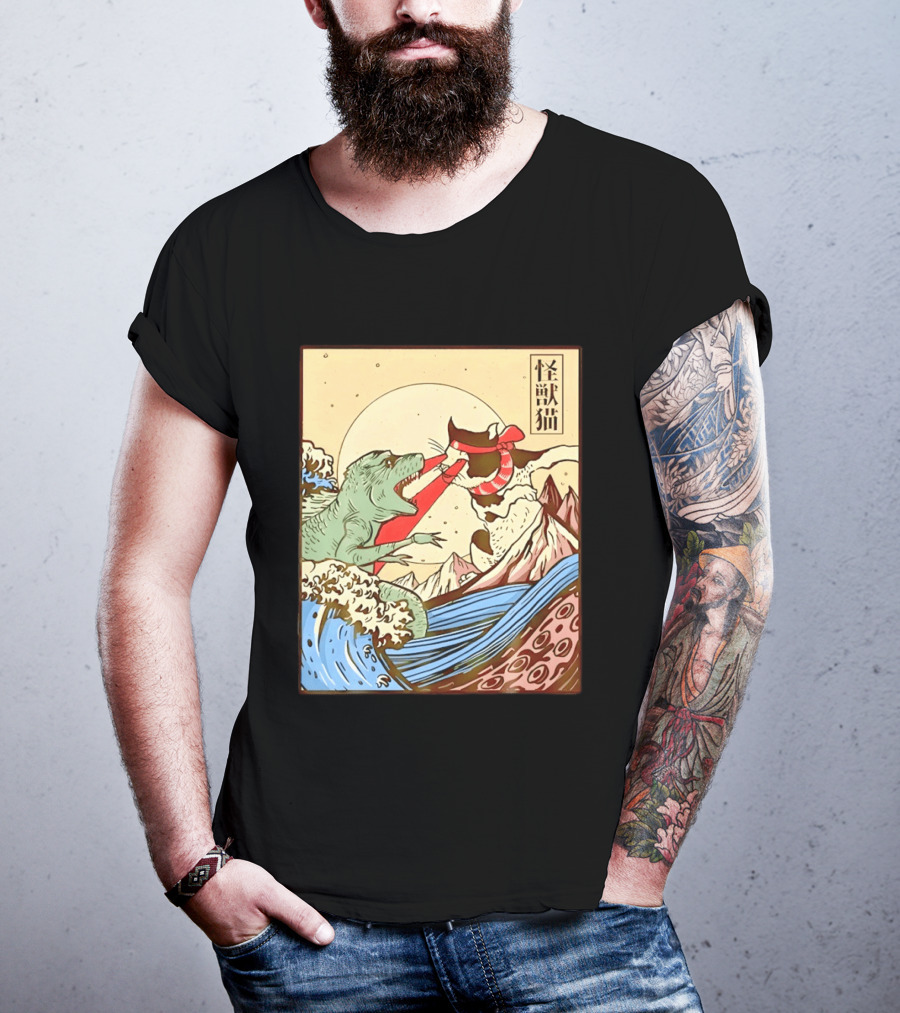 Japanese Great Wave Cat Vs Monster Classic Kaiju T-Shirt