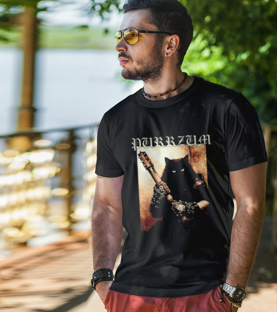 Purrzum Cat Black Metal Aesthetic Feline Holding Guitar T-Shirt