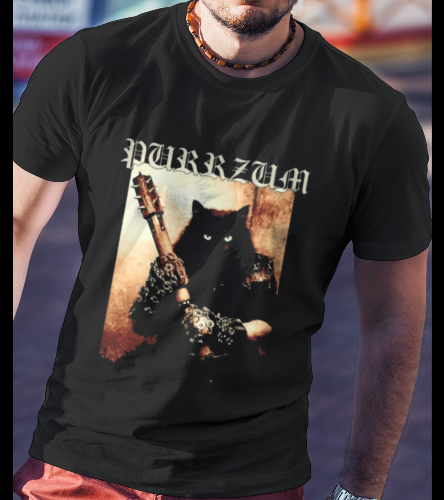Purrzum Cat Black Metal Aesthetic Feline Holding Guitar T-Shirt