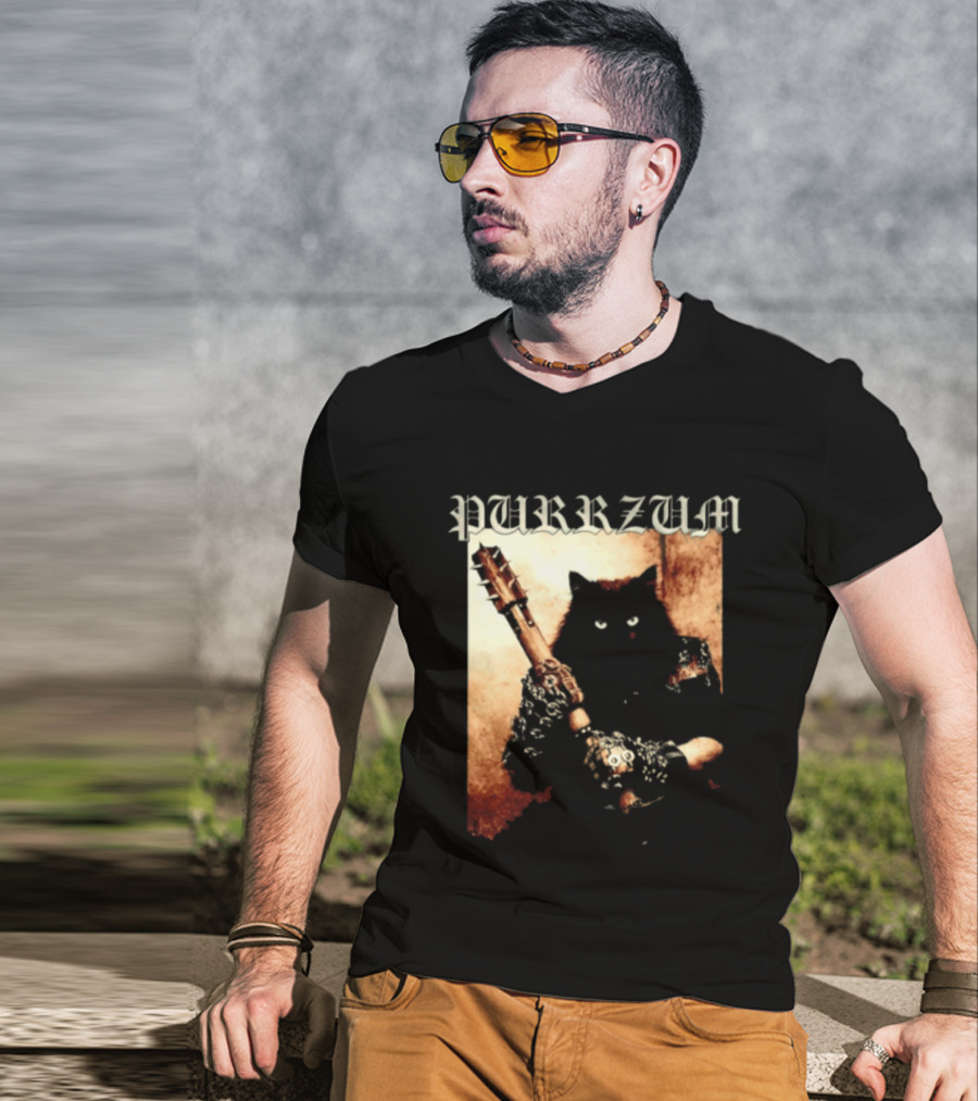 Purrzum Cat Black Metal Aesthetic Feline Holding Guitar T-Shirt