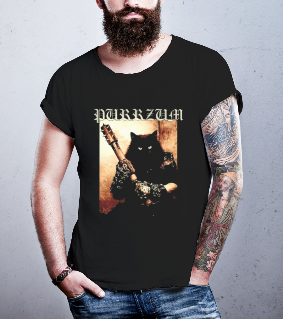 Purrzum Cat Black Metal Aesthetic Feline Holding Guitar T-Shirt